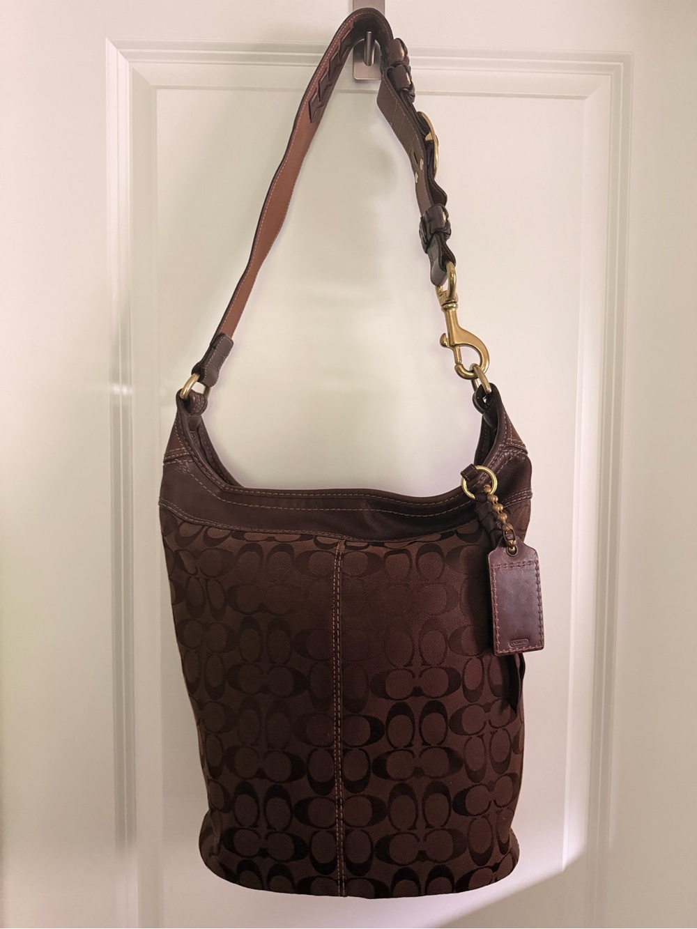 Coach Brown Signature Jacquard Hobo with Leather Trim